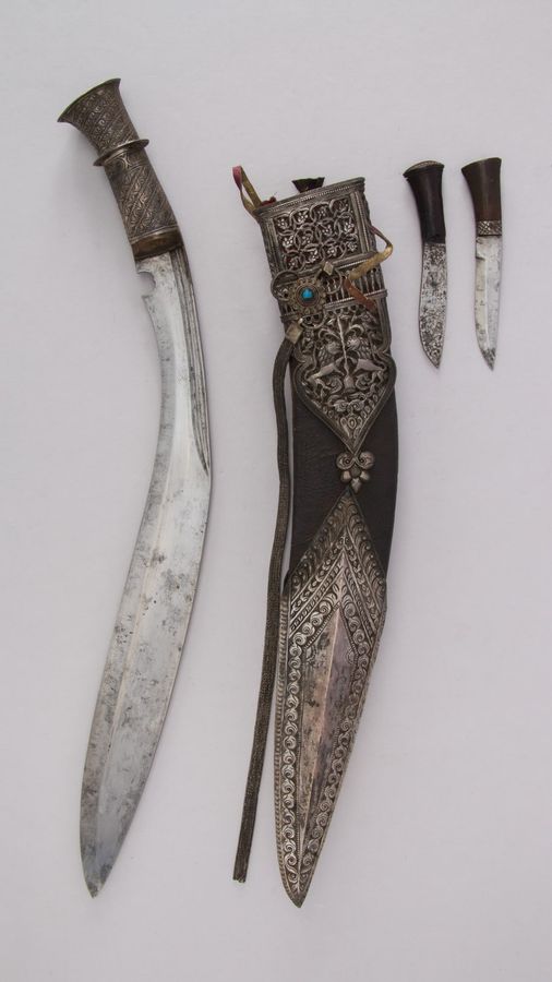 Knife (Kukri) with Sheath, Two Small Knives and Pouch
