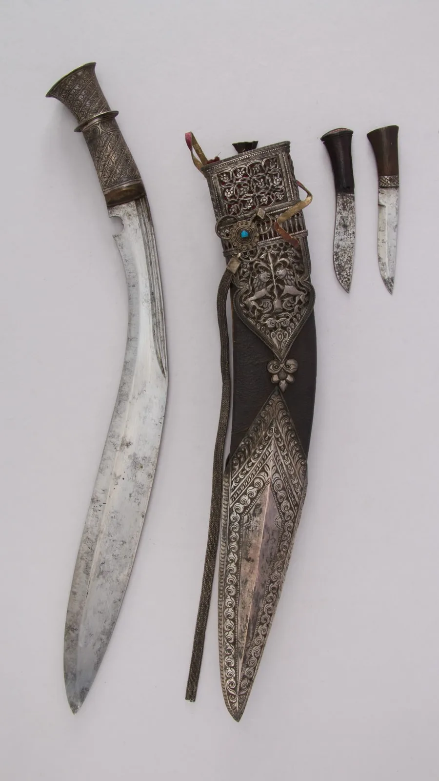 Knife (Kukri) with Sheath, Two Small Knives and Pouch