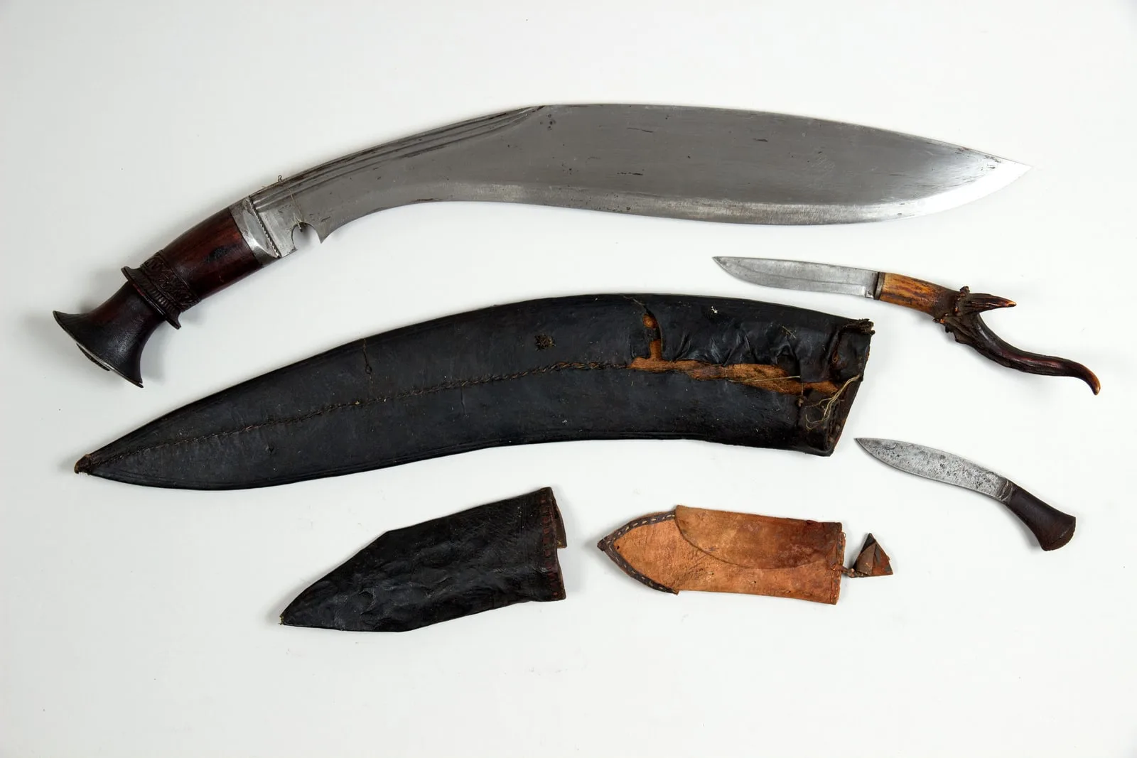 Knife (Kukri) with Sheath and Pouch with Two Small Knives