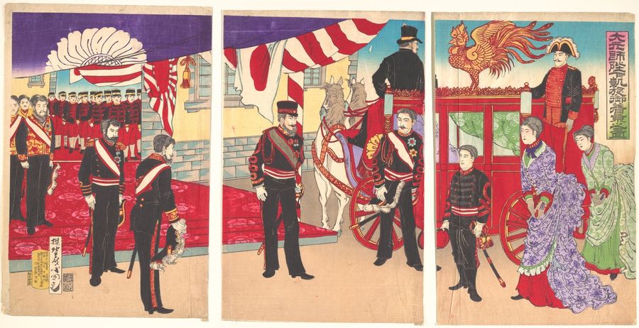 His Imperial Majesty, the Commander-in-Chief, Arriving in the Capital in Triumph [Sino-Japanese War] (Daigenshi heika gaisen gochakkyō no zu)