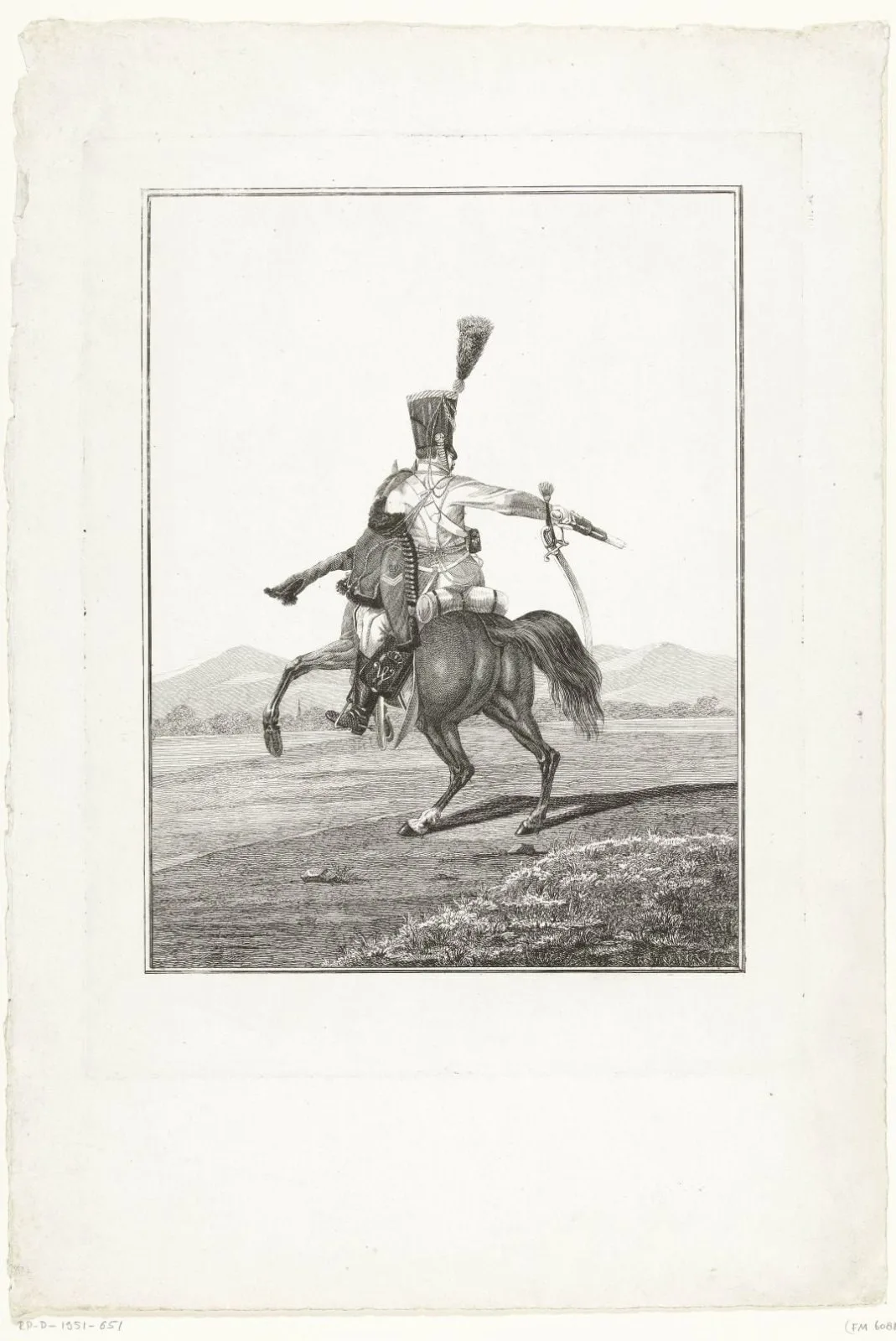 Huzaar te paard, een charge uitvoerend, met een pistool in zijn hand